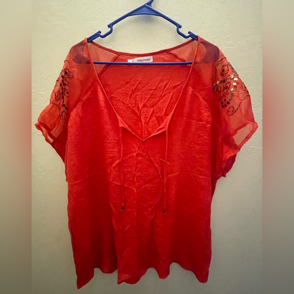 Maurices Red Embroidered Sheer Blouse Size 3 PTP 26”